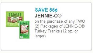 Save $0.55, Jennie-O on the purchase of any two (2) packages of Jennie-O turkey franks (12 oz. or larger)