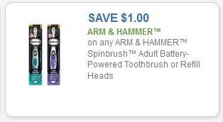 SAVE - $1.00 on any Arm & Hammer Spinbrush Adult Battery-Powered Toothbrush or Refill Heads