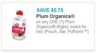 $0.75 off on any one (1) Plum Organics Mighty snack for tots (Pouch, Bar, Puff ems)