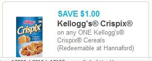 Coupon – $1.00 off any one Kellogg’s Crispix Cereals