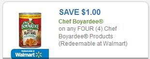 SAVE $1.00 Chef Boyardee on any four (4) products (redeemable at Walmart)