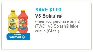 SAVE $1.00 when you purchase any TWO V8 Splash juice drinks, 64oz (Available at Walmart)