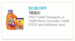 $2 off TWO Tide detergents or Tide Boost (Excludes Tide PODS and trial/travel size)