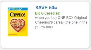 Coupon – $0.50 off 1 box original Cheerios cereal (yellow box)