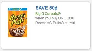 Coupon – $0.50 off (1) box Reese’s Puffs cereal