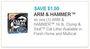 1.00 off on one (1) Arm & Hammer 14 lb. Clump & Seal Cat Litter Available in Fresh Home and Multicat