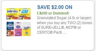 SAVE $2.00 on C&H or Domino Granulated Sugar (4lb or larger) when you buy any two (2) boxes of Sure-Jell, MCP, or Certo pectin