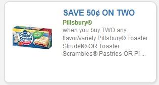 SAVE - $0.50 off when you buy two (2) any flavor/variety Pillsbury Toaster Strudel or Toaster Scrambles Pastries