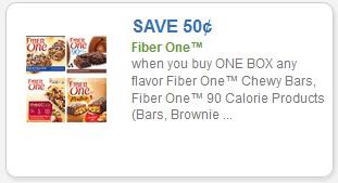 Coupon – $0.50 off (1) Fiber One Chewy Bars or 90 calorie box