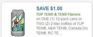 Coupon – 7up, A&W, RC, or Canada Dry TEN $1/1 12-pk or $1/2 2-Ltrs