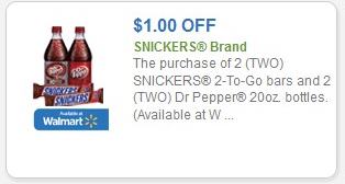 $1.00 off 2 SNICKERS 2-To-Go bars and 2 Dr Pepper