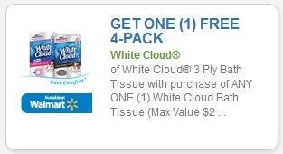 SAVE - Get one (1) free 4-pack of white cloud 3 ply bath tissue with purchase of any one (1) White Cloud Bath Tissue (Max Value $2.00)