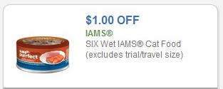 SAVE - $1.00 off any six (6) wet Iams cat food (excludes trial/travel size)