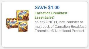 SAVE - $1.00 on any one (1) box, canister, or multipack of Carnation Breakfast Essentials Nutritional Product