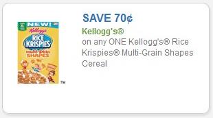 SAVE - $0.70 off any one (1) Kellogg's Rice Krispies Multi-Grain Shapes Cereal