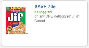 SAVE $0.70 off on any one (1) Kellogg's JIF Cereal