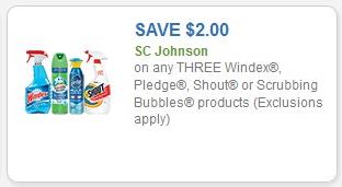 Coupon – $2.00 off (3) Windex, Pledge, Shout, or Scrubbing Bubbles