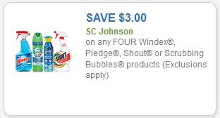 Coupon – $3.00 off (4) Windex, Pledge, Shout, or Scrubbing Bubbles