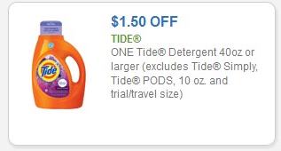 Coupon – $1.50 on any one Tide Detergent 40oz or larger