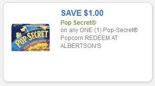 Coupon – $1.00 on any one (1) Pop-Secret Popcorn