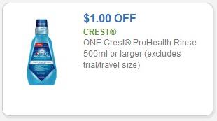 Coupon – $1.00 off (1) Crest ProHealth Rinse 500ml or larger