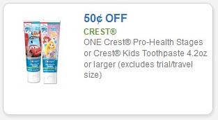 Coupon – $0.50 off (1) Crest Pro-Health Stages or Crest Kids Toothpaste