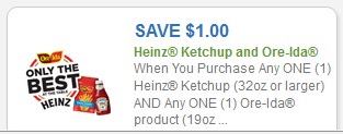 Coupon – $1.00 off (1) Heinz Ketchup and (1) Ore-Ida product