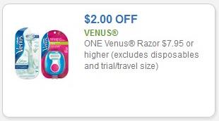 Coupon - $2.00 off one (1) Venus Razor $7.95 or higher