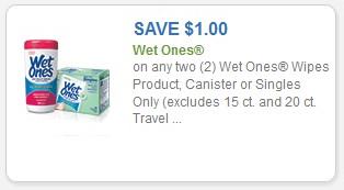 Coupon – $1.00 off (2) Wet Ones Wipes product canister or singles only