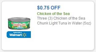 SAVE $0.75 off three (3) Chicken of the Sea Chunk Light Tuna in Water