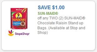 Coupon – $1.00 off (2) Sun-Maid Chocolate Raisin Stand up bags