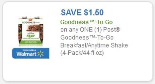 Coupon – $1.50 off (1) Post Goodness-to-go Breakfast/Anytime Shake