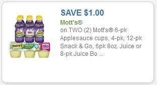 Coupon – $1.00 off (2) Mott’s applesauce cups, snack & go, or juice bottles