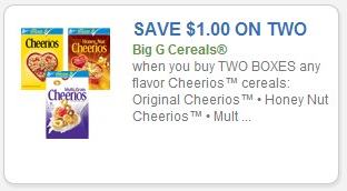 Coupon – $1.00 off 2 Original Cheerios, Honey Nut Cheerios, and Multi-Grain Cheerios