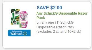 Coupon - $2.00 off (1) Schick Disposable Razor Pack (excludes 2 ct and 10 + 2 ct)