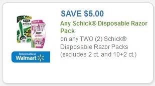 Coupon - $5.00 off (2) Schick Disposable Razor Packs (excludes 2 ct and 10+2 ct)