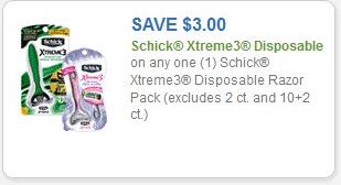 Coupon – $3.00 on any one (1) Schick Xtreme 3 Disposable Razor Pack