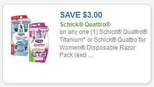 Coupon - $3.00 off (1) Schick Quattro Titanium or for Women Disposable Razor Pack