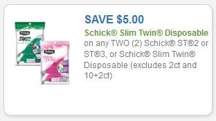 Coupon – $5.00 (2) Schick ST 2 or ST 3 or Schick Slim Twin Disposable