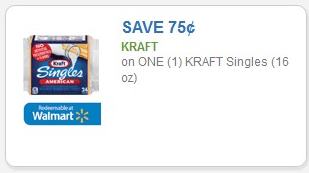 Coupon – $0.75 on one (1) Kraft Cheese Singles (16 oz)