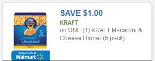 Coupon – $1.00 off (1) Kraft Macaroni & Cheese Dinner (5 pack)