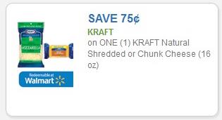 Coupon - $0.75 off (1) Kraft Natural Shredded or Chunk Cheese