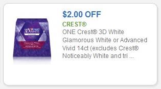 Coupon – $2.00 off (1) Crest 3D White Glamorous White or Advanced Vivid 14ct