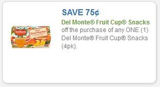 SAVE -- $0.75 off the purchase of any one (1) Del Monte Fruit Cup Snacks (4pk)