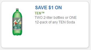 Coupon – $1 off (2) 2-liter bottles or one 12-pack of any TEN soda