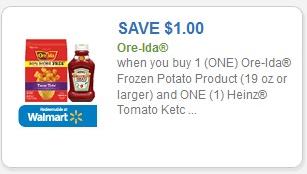 SAVE - $1.00 when you buy one (1) Ore-Ida Frozen Potato Product (19 oz or larger) and one (1) Heinz Tomato Ketchup