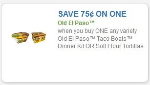 Save $0.75 on one Old El Paso when you buy ONE any variety Old El Paso Taco Boats Dinner Kit or Soft Flour Tortillas