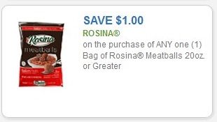 Rosina Save $1.00 on the purchase of any one (1) Bag of Rosina Meatballs 20oz or Greater