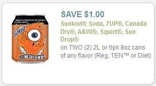 Sunkist Soda, 7up, Canada Dry, A&W, Squirt, Sun Drop SAVE $1.00 on TWO (2) 2L or 6pk 8oz cans of any flavor (Reg, TEN™ or Diet)
