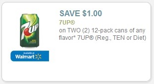 7up SAVE $1.00 on TWO (2) 12-pack cans of any flavor* 7UP® (Reg., TEN or Diet) Redeemable at Walmart
